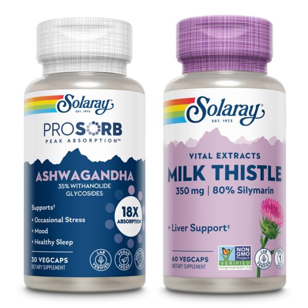 Kit suplementos SOLARAY Ashwagandha y Cardo Mariano caja