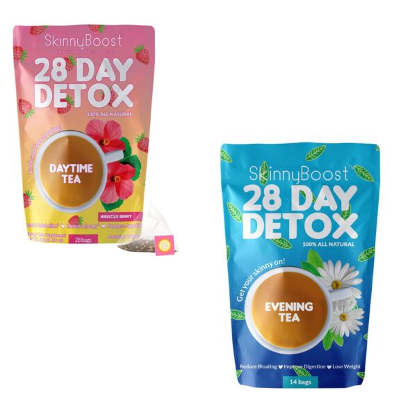 Version 1.0.0 Kit de té detox SkinnyBoost mostrando bolsitas de día y noche
