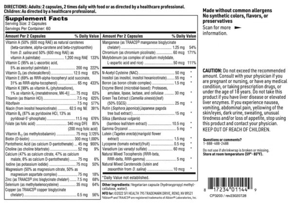 Etiqueta trasera de suplemento multivitamínico Klaire Labs Core Multi