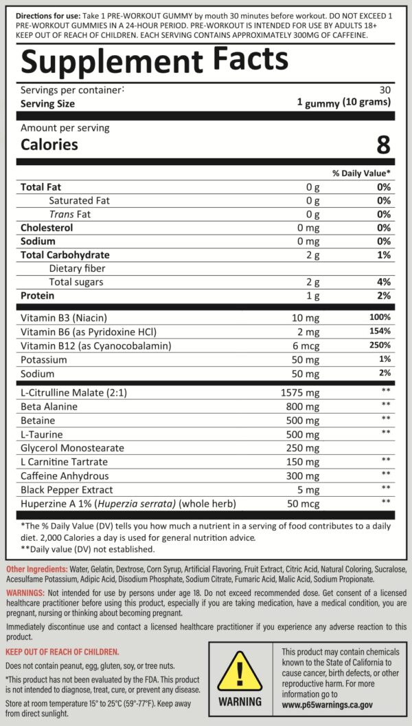 Frente de la etiqueta de ingredientes de preentrenamiento