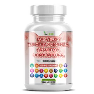 Frasco de cápsulas Kun Shafi con extracto de cereza ácida, cúrcuma y moringa