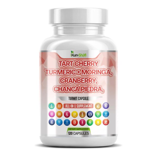 Frasco de cápsulas Kun Shafi con extracto de cereza ácida, cúrcuma y moringa