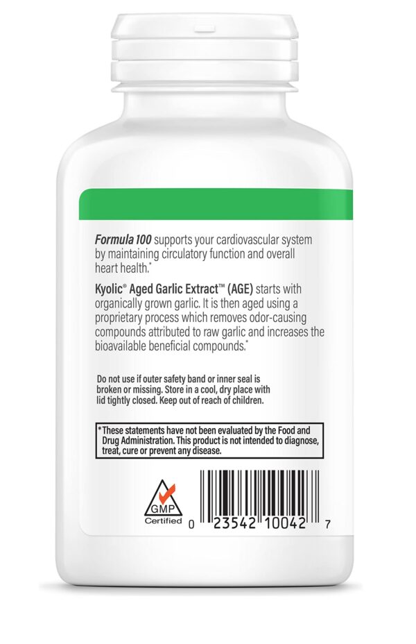 Kyolic fórmula 100 información nutricional paquete lateral