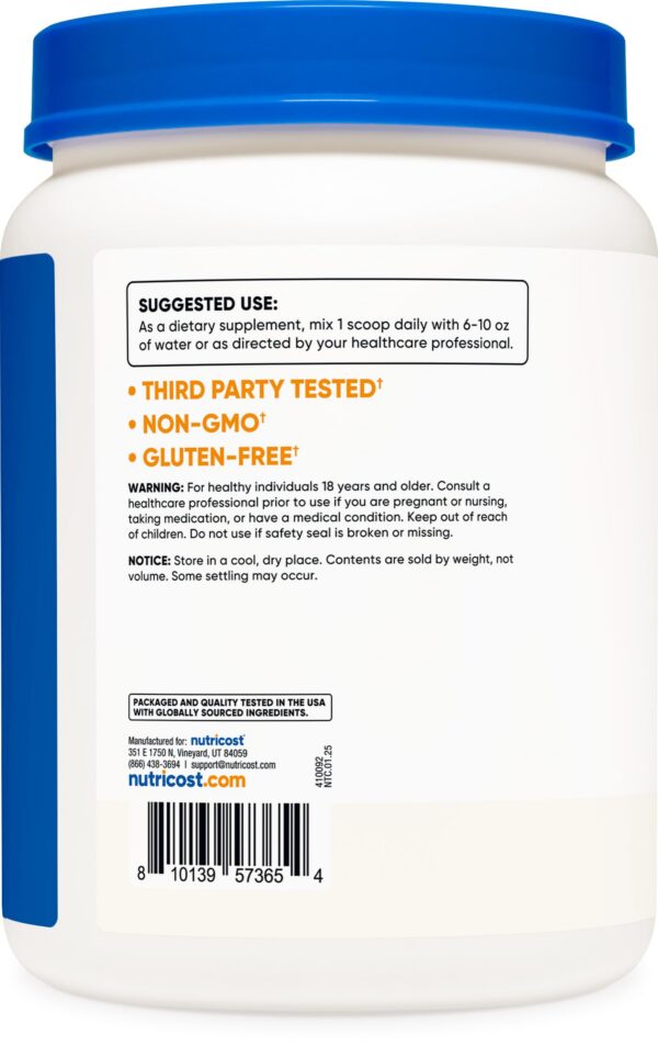 L-Arginina Nutricost en polvo con etiqueta