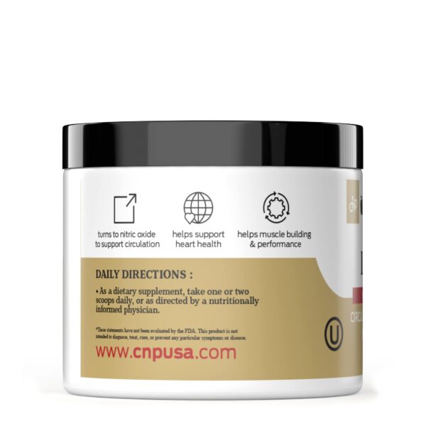 Frasco y etiqueta de L-arginina en polvo