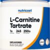 Envase del polvo de L-Carnitina Tartrato Nutricost de 250 gramos