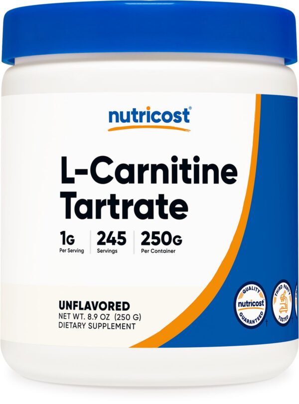 Envase del polvo de L-Carnitina Tartrato Nutricost de 250 gramos