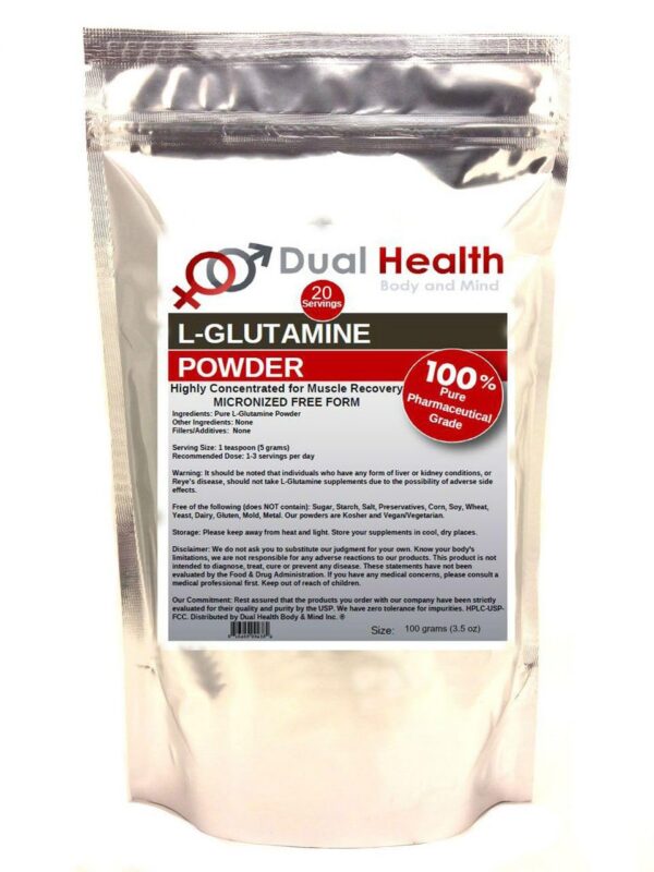 Version 1.0.0 L-Glutamine polvo puro 100 g frente del envase
