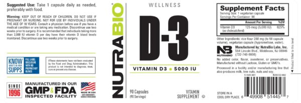 Lado botella NutraBio vitamina D3 90 cápsulas vegetales