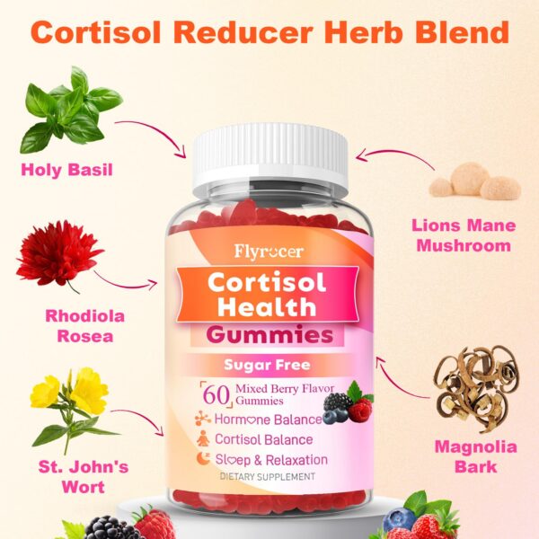 Lado del paquete de gominolas Flyrocer para balance de cortisol