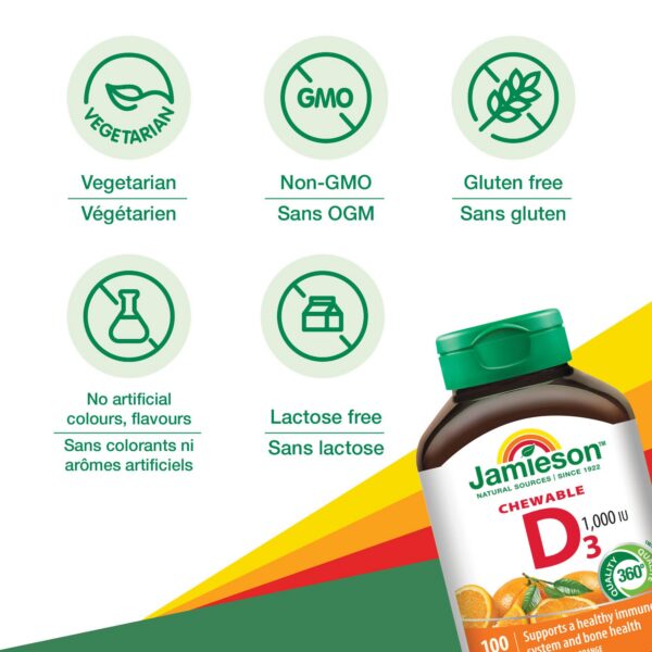 Lado del paquete vitaminas Jamieson D3 masticables naranja