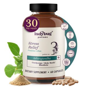 Frasco de pastillas orgánicas Ashwagandha Ladybug Potions para ánimo y estrés