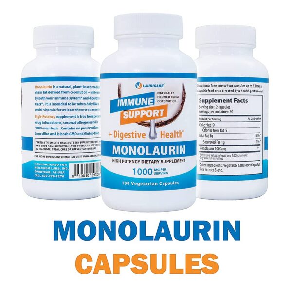 Etiqueta de Lauricare Monolaurin 1000 mg cápsulas