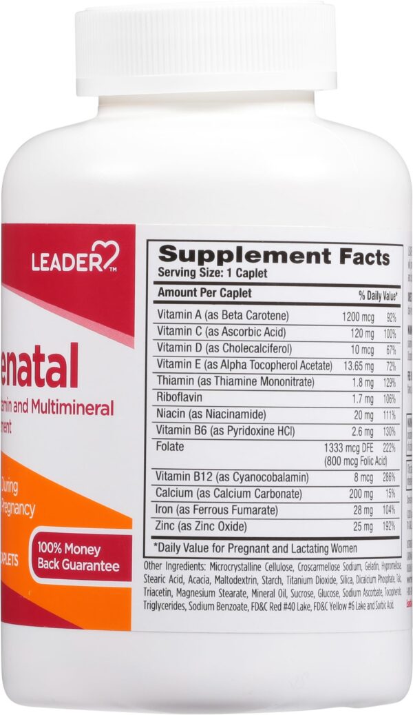 Frasco de LEADER Prenatal Multivitamin visto desde un lateral
