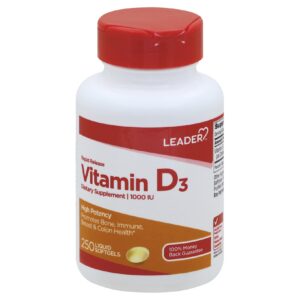 Leader Vitamina D cápsulas blandas frasco para salud ósea e inmunidad