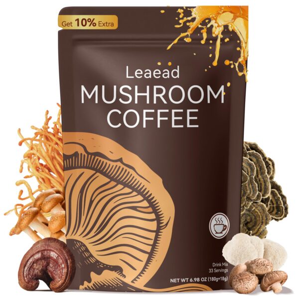 Paquete de café orgánico con 6 hongos adaptogénicos Leaead