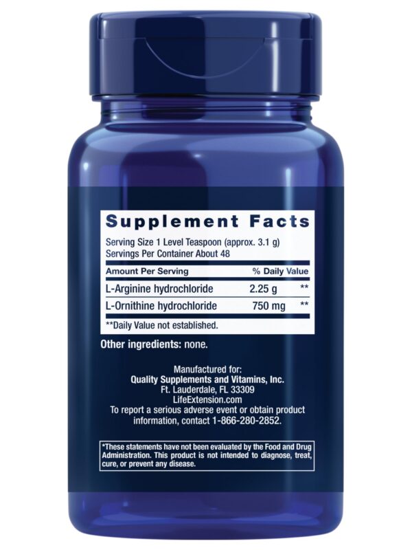 Etiqueta lateral Life Extension Arginina Ornitina