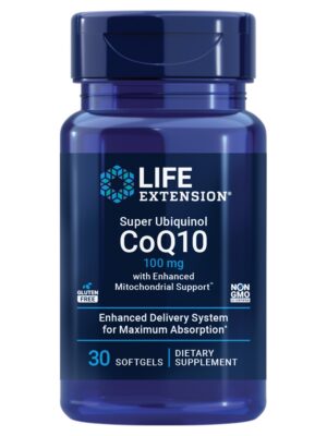 Frente del frasco Life Extension CoQ10 ubiquinol