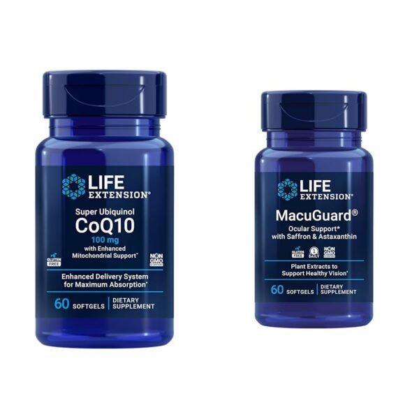 Frasco Life Extension CoQ10 y Macuguard con etiqueta