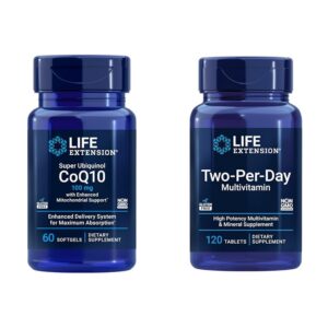 Frente del empaque Life Extension CoQ10 ubiquinol 60 softgels y 120 tabletas