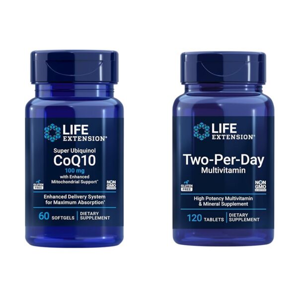 Frente del empaque Life Extension CoQ10 ubiquinol 60 softgels y 120 tabletas