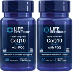 Frente del frasco Life Extension CoQ10 ubiquinol con PQQ