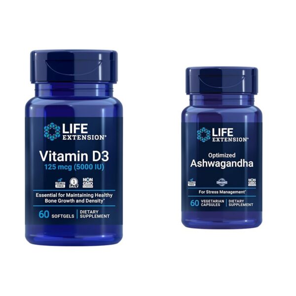 Frasco Life Extension con D3 y Ashwagandha