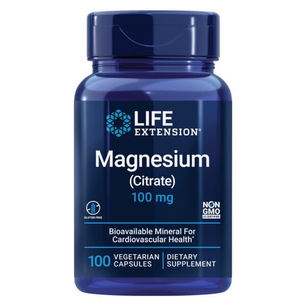 Frontal de frasco Life Extension Magnesium Citrate y Zinc Caps