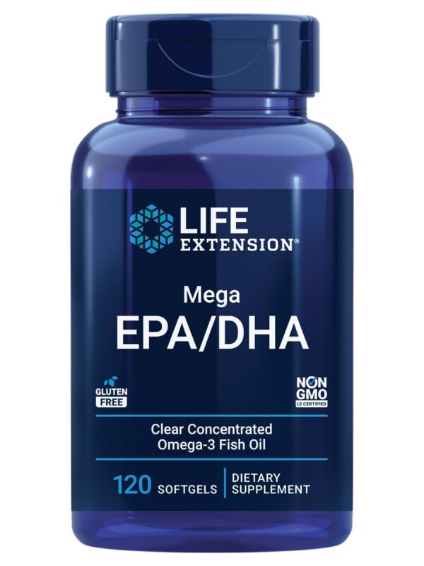 Frente de Life Extension Mega EPA/DHA frasco 120 cápsulas blandas