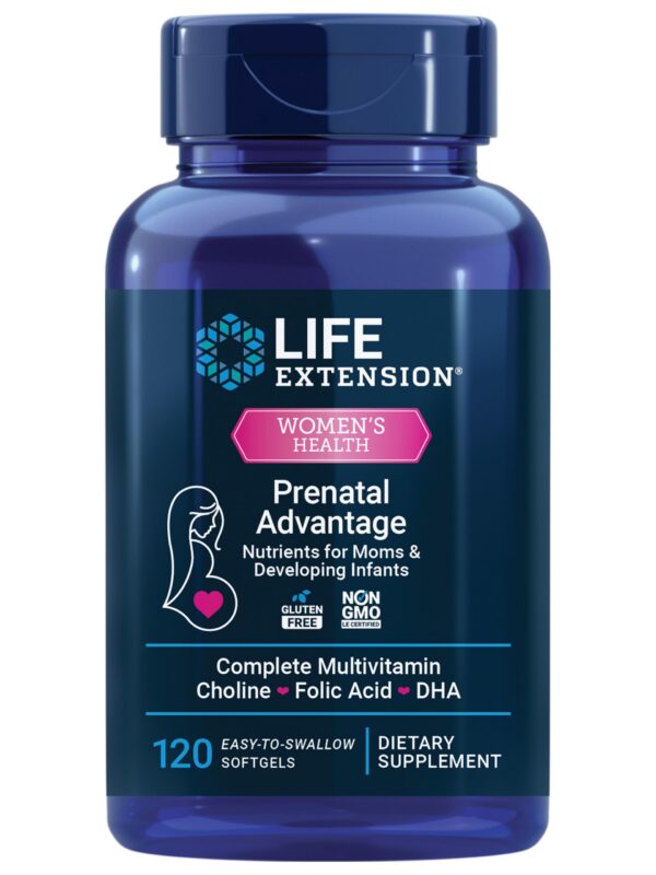 Life Extension Prenatal Advantage paquete frontal 120 cápsulas blandas
