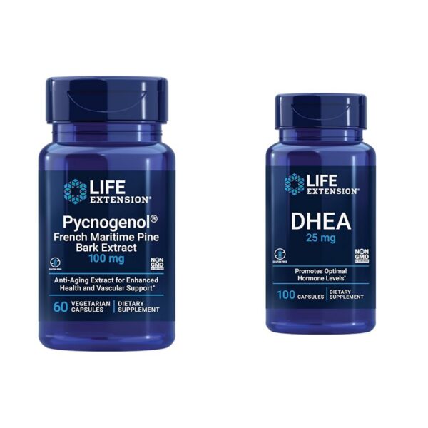 Frente del envase Life Extension Pycnogenol y DHEA