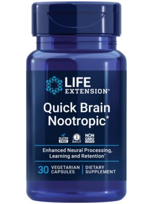 Frasco de cápsulas nootrópicas Quick Brain con etiqueta completa