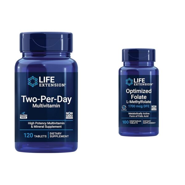 Life Extension Two-Per-Day multivitamínico frasco y etiqueta