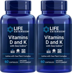 Life Extension vitaminas D y K con yodo marino 60 cápsulas pack 2