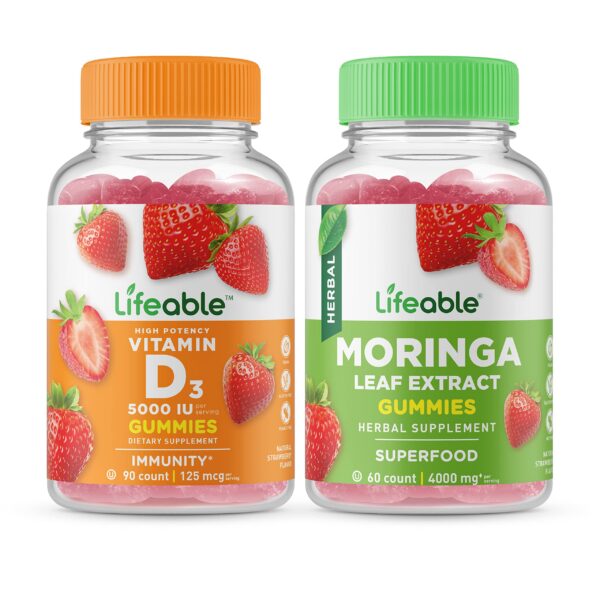 Frente de frasco Lifeable Vitamina D3 5000 UI + Moringa Gomitas