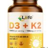 Frente del frasco LIIFE D3 K2 120 cápsulas blandas