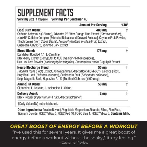 Etiqueta frontal de LIPORUSH XT con ingredientes