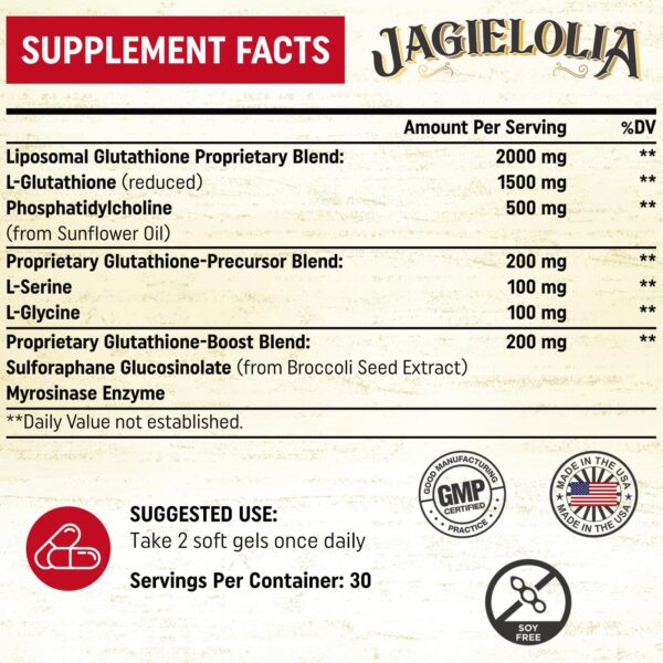 Etiqueta frontal del Jagielolia liposomal glutathione