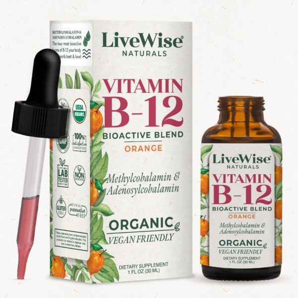 Version 1.0.0 Frasco ámbar de gotas de vitamina B12 vegana Live Wise Naturals