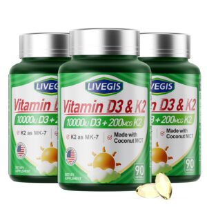 Frasco de LIVEGIS D3 K2 softgels con aceite de coco