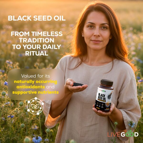 Etiqueta frontal de LiveGood Black Seed Oil