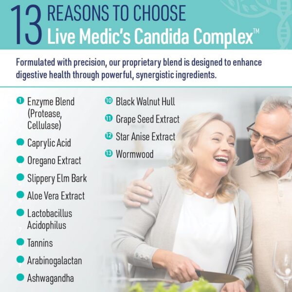 Version 1.0.0 Frasco y caja del suplemento probiótico Liver Medic Candida Complex