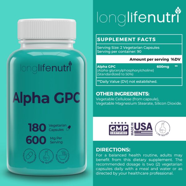 Etiqueta del producto LongLifeNutri Alpha GPC Maqui 1000 mg