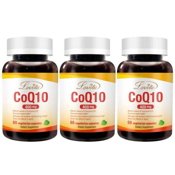 Frente de la caja Lovita CoQ10 400 mg vegano
