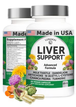 Botella de suplemento detox hepático Lunakai con cardo mariano y alcachofa