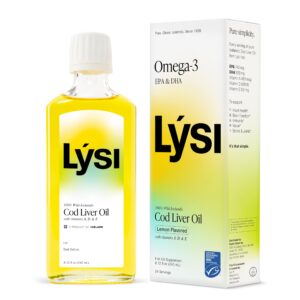 Etiqueta frontal de Lysi cod liver oil omega-3 limón