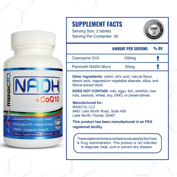 MAAC10 NADH + CoQ10 tabletas masticables frasco etiqueta frontal