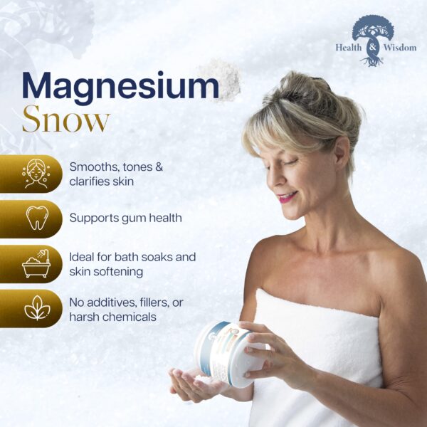 Frasco de Health and Wisdom Magnesium Snow con etiqueta
