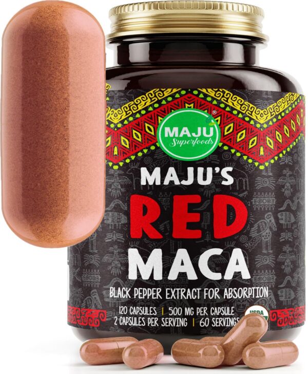 Frasco de cápsulas Maju Superfoods Maca Roja Orgánica 120 unidades