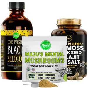 Paquete de Maju Superfoods con polvo de hongos y cápsulas